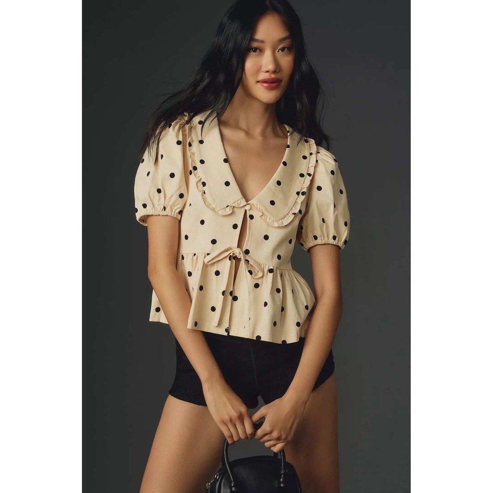 Porridge Anthroploigie Polka Dot Top Womens L Excellent Ruffle Tie Front Peplum